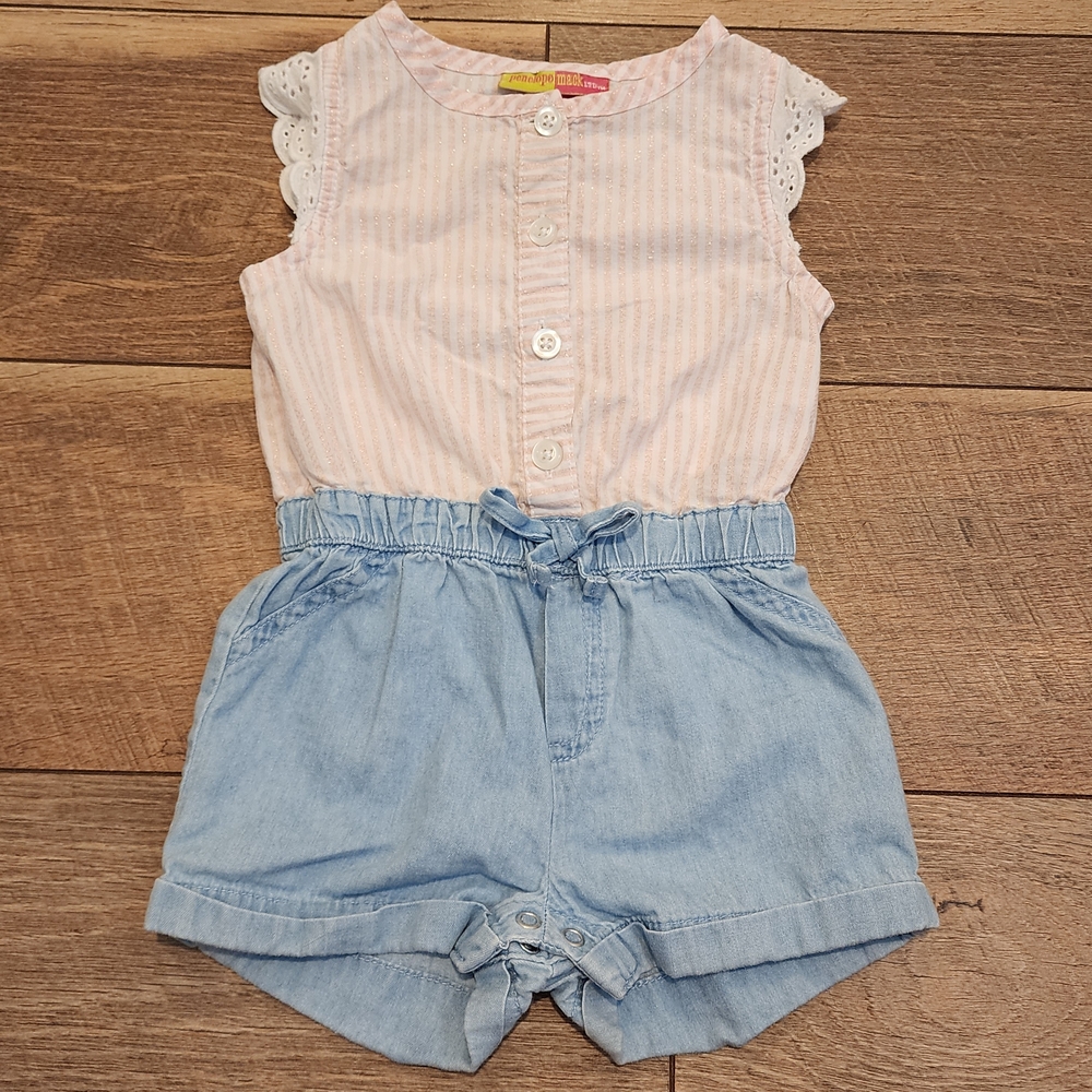 Penelope Mack Pink Stripped Metallic Thread Romper 6/9M